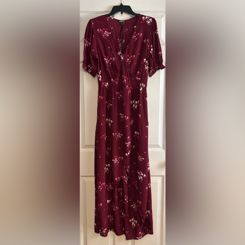 🌺 Express Wine Colored Floral Ruffled Wrap Style Maxi Dress